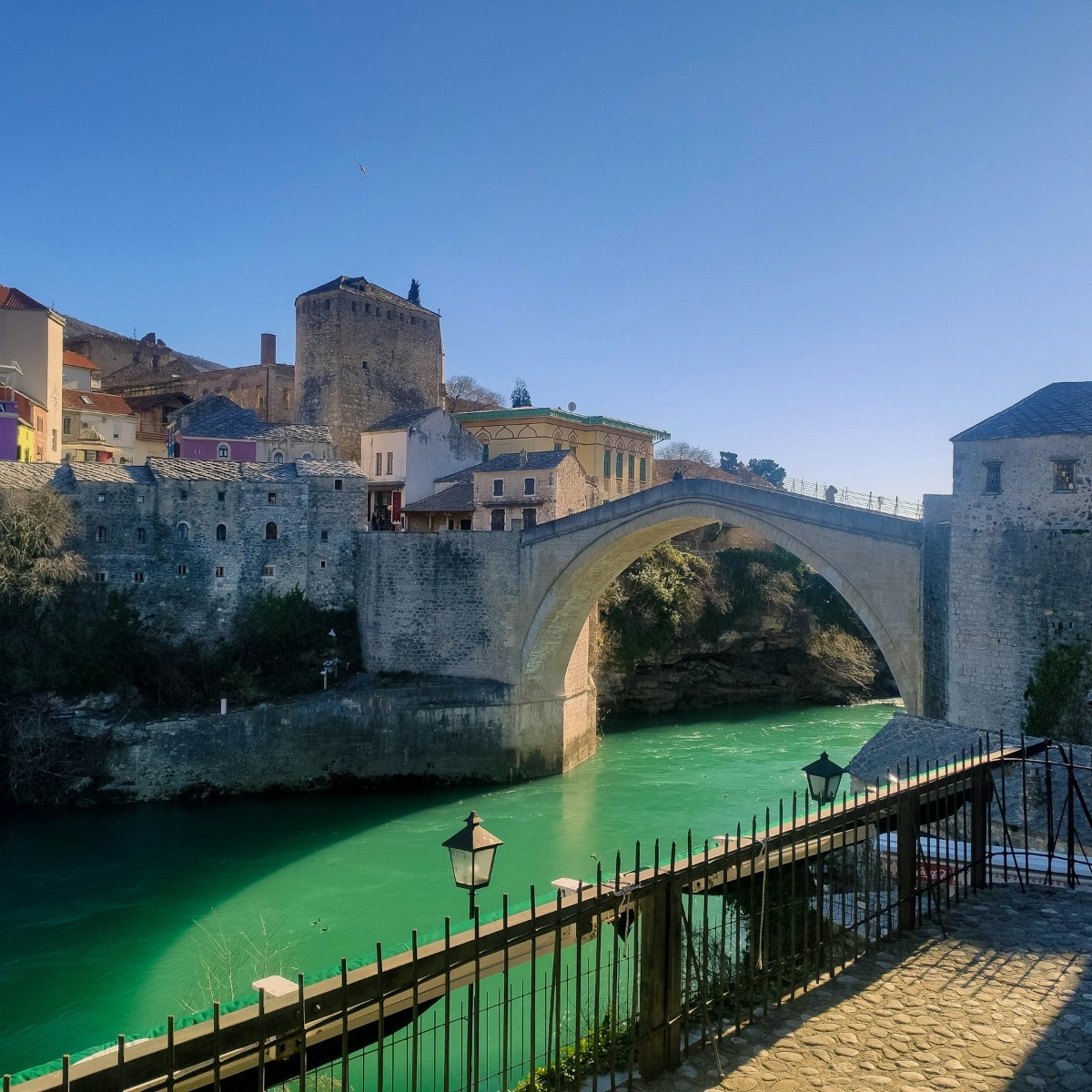 Stari Most Ottoman bridge arching over the Neretva river